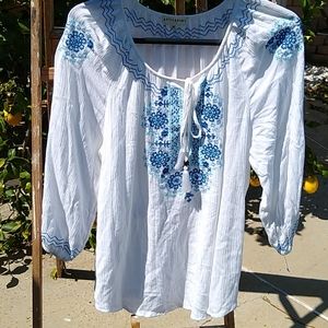 Artisany Scoop/Tie Neck Blouse with Embroidery M